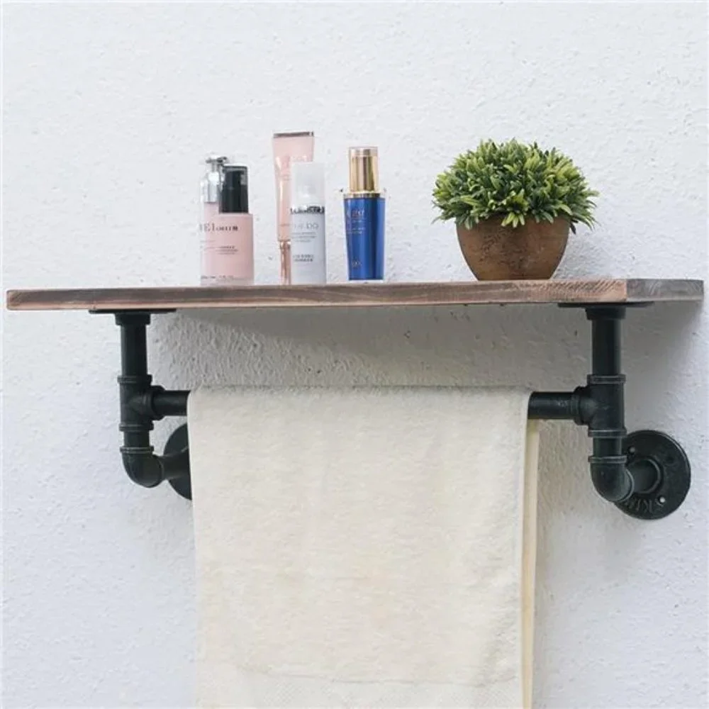 Pipe Shelving, Bathroom Shelves with Towel bar, 24in ,1 Tier, Retro Brown